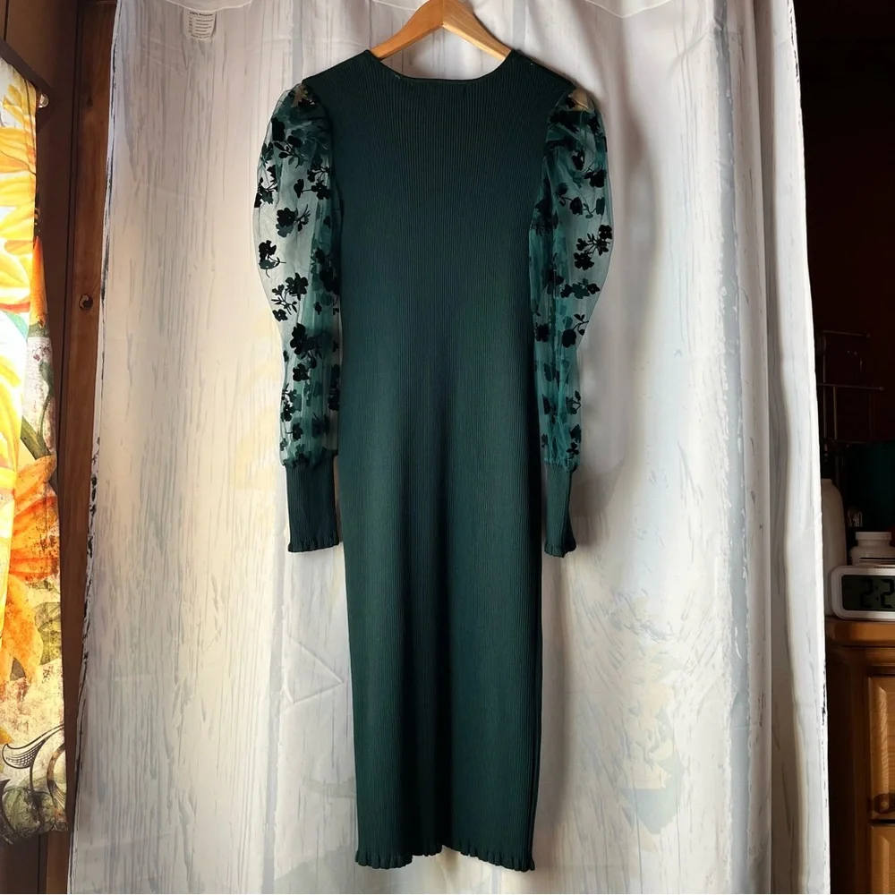 🎉HP🎉 Almost Famous Green Sweater Dress Organza Long Sleeve with Black Flowers - Picture 2 of 10